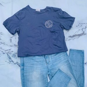 Gray/blue graphic t-shirt.